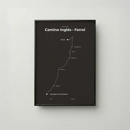 Minimalist Camino Inglés Ferrol to Santiago map poster in deep bark color, frame mockup.