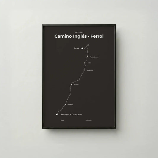 Minimalist Camino Inglés Ferrol to Santiago map poster in deep bark color, frame mockup.