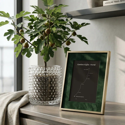 Minimalist Camino Inglés Ferrol to Santiago map poster in deep bark color, interior mockup.
