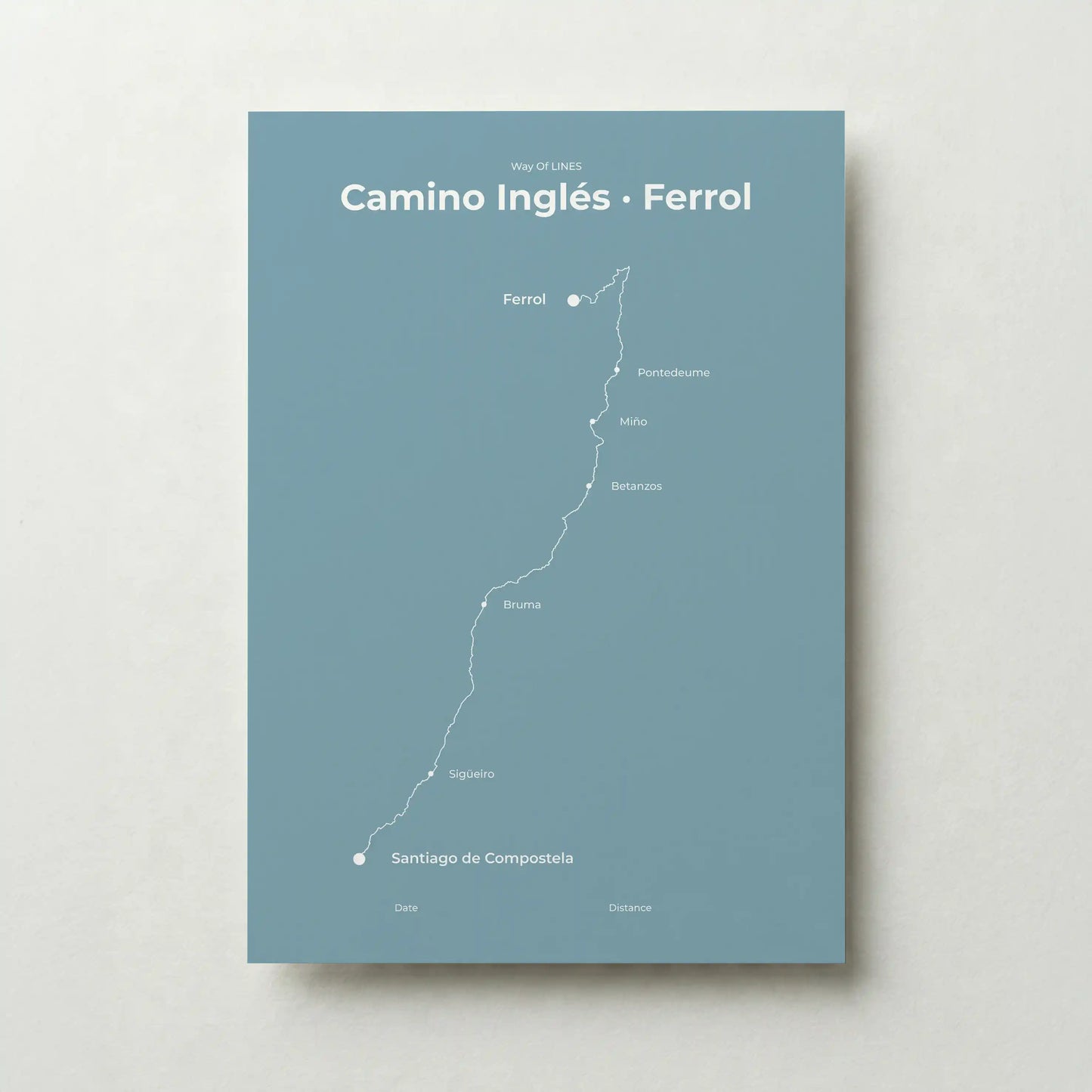 Minimalist Camino Inglés Ferrol to Santiago map poster in high mist color.