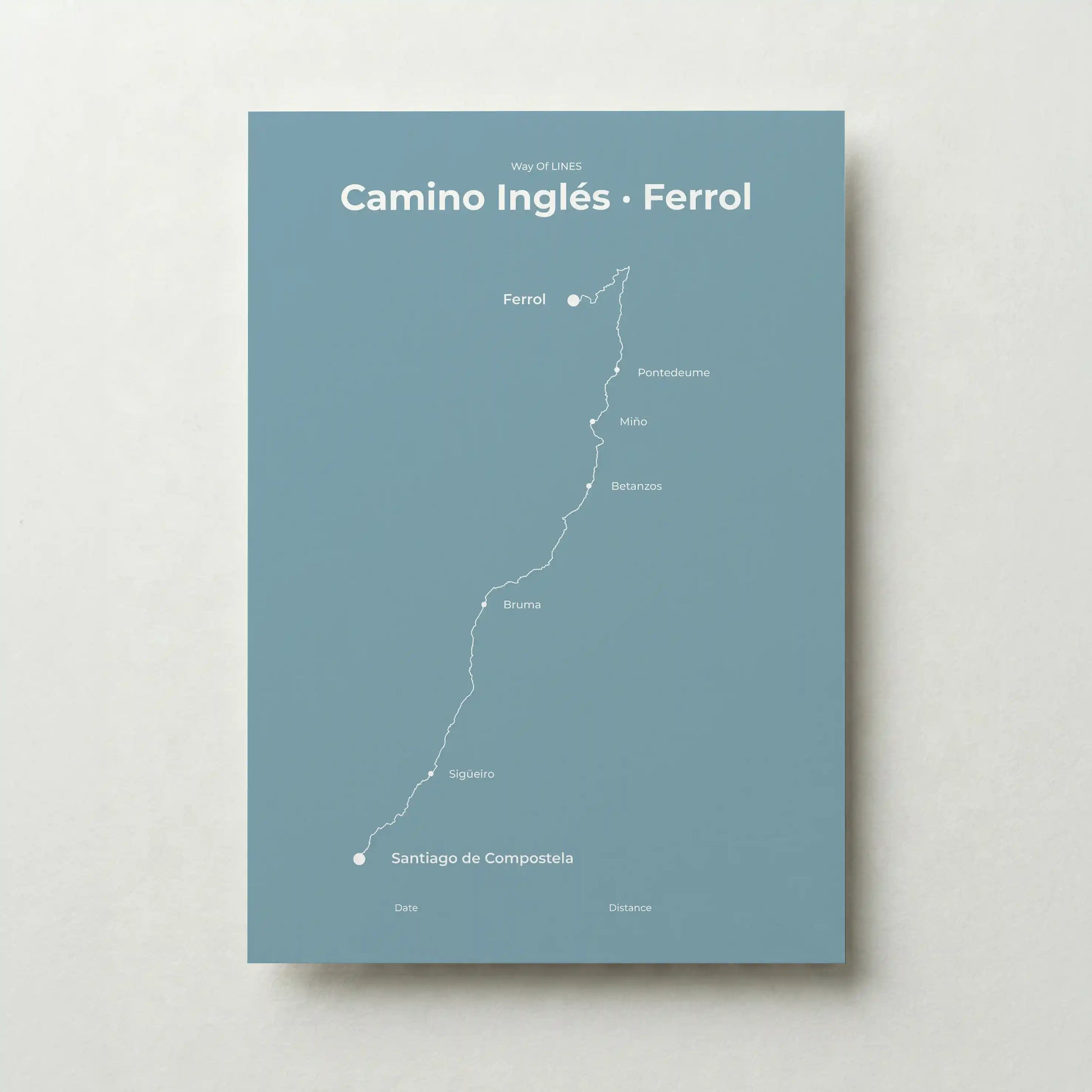Minimalist Camino Inglés Ferrol to Santiago map poster in high mist color.