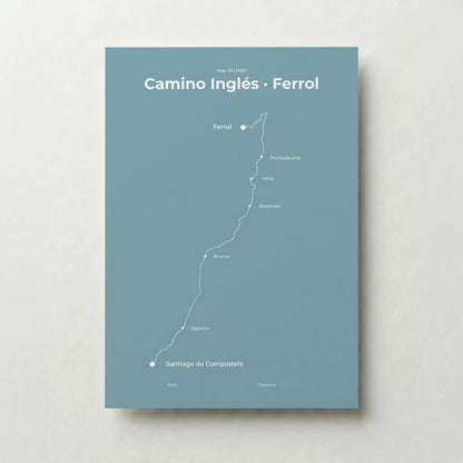 Minimalist Camino Inglés Ferrol to Santiago map poster in high mist color.