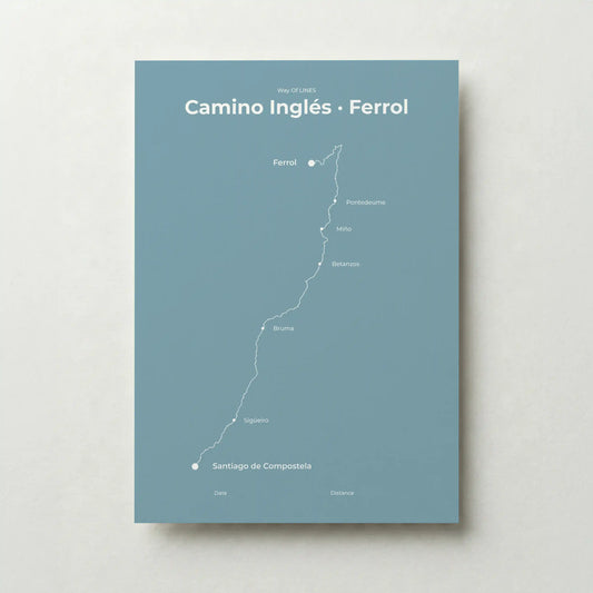 Minimalist Camino Inglés Ferrol to Santiago map poster in high mist color.