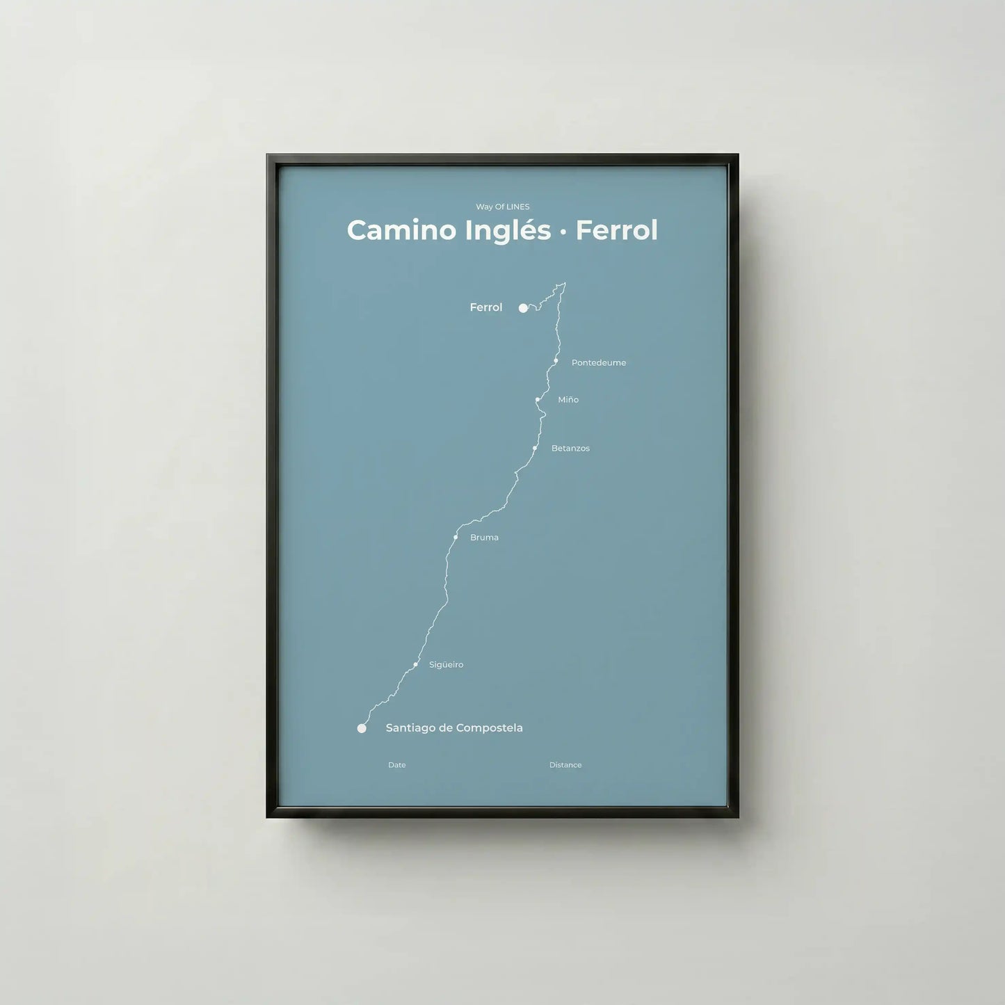 Minimalist Camino Inglés Ferrol to Santiago map poster in high mist color, frame mockup.