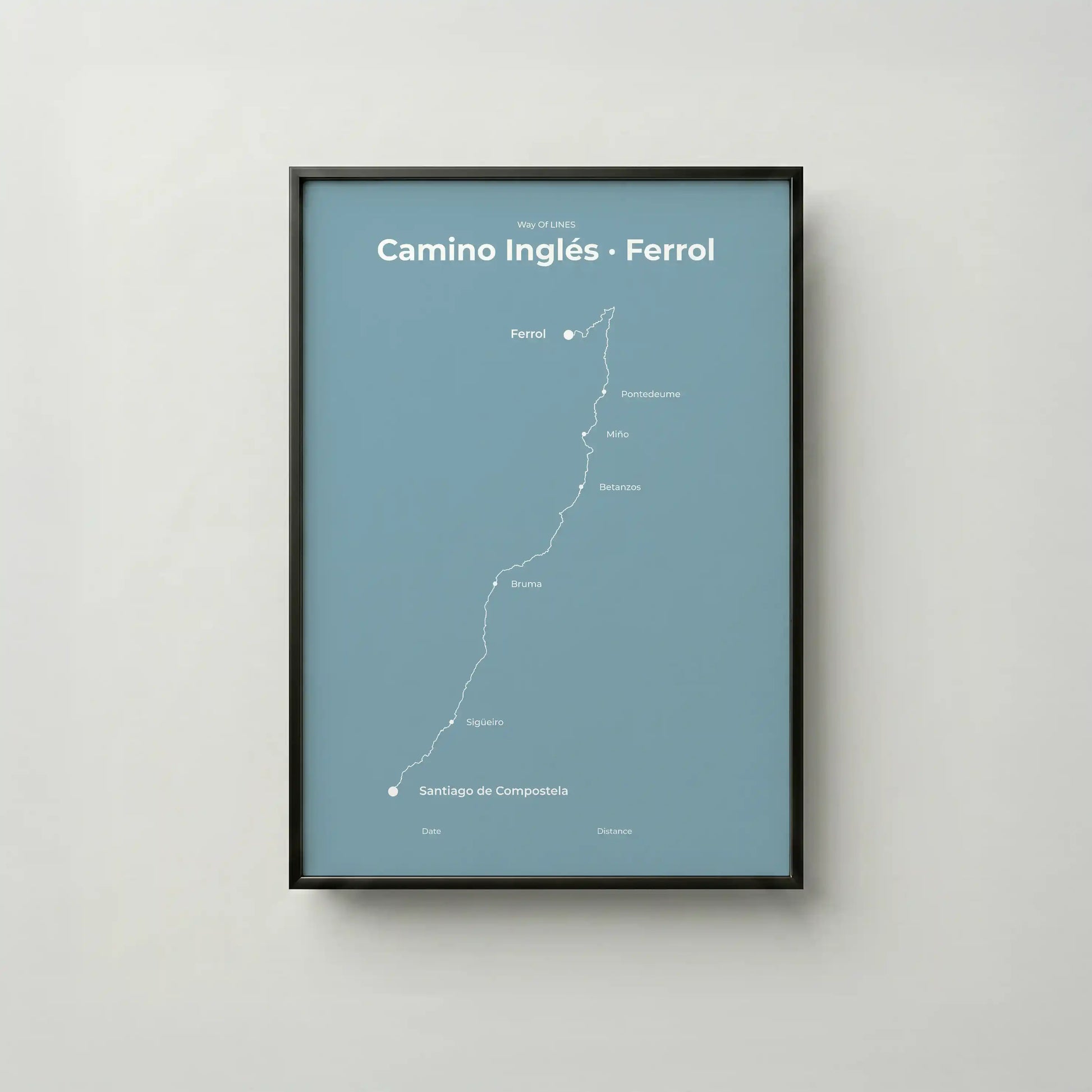 Minimalist Camino Inglés Ferrol to Santiago map poster in high mist color, frame mockup.