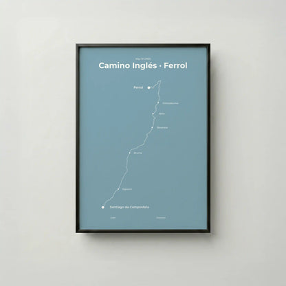 Minimalist Camino Inglés Ferrol to Santiago map poster in high mist color, frame mockup.