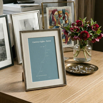 Minimalist Camino Inglés Ferrol to Santiago map poster in high mist color, interior mockup.
