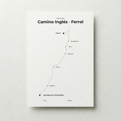Minimalist Camino Inglés Ferrol to Santiago map poster in north drift color.