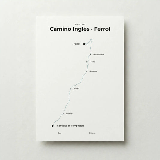 Minimalist Camino Inglés Ferrol to Santiago map poster in north drift color.