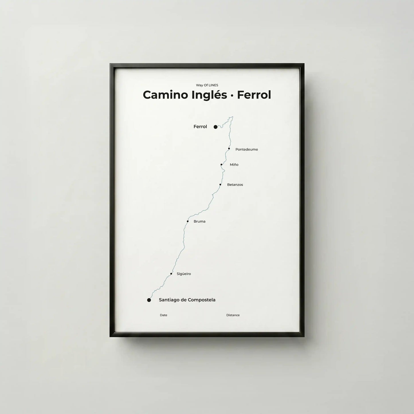 Minimalist Camino Inglés Ferrol to Santiago map poster in north drift color, frame mockup.