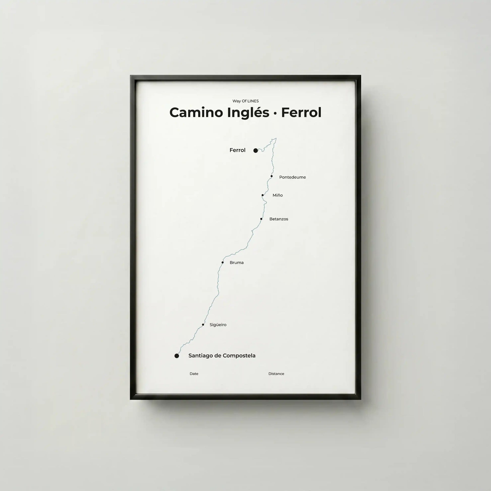 Minimalist Camino Inglés Ferrol to Santiago map poster in north drift color, frame mockup.