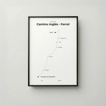 Minimalist Camino Inglés Ferrol to Santiago map poster in north drift color, frame mockup.