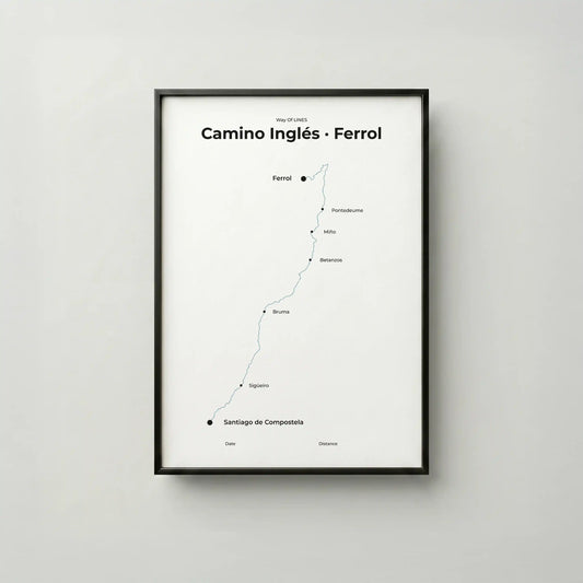 Minimalist Camino Inglés Ferrol to Santiago map poster in north drift color, frame mockup.