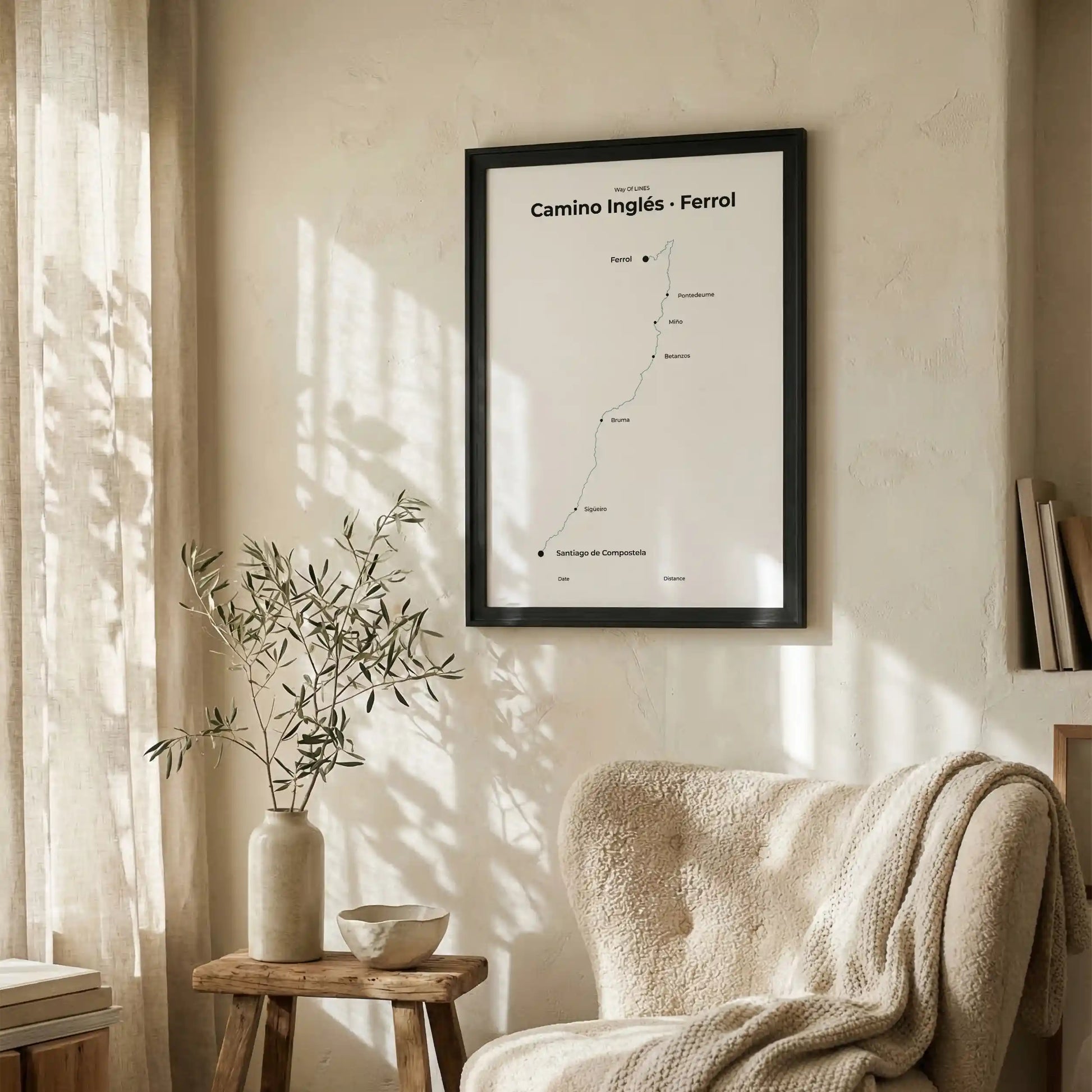 Minimalist Camino Inglés Ferrol to Santiago map poster in north drift color, interior mockup.
