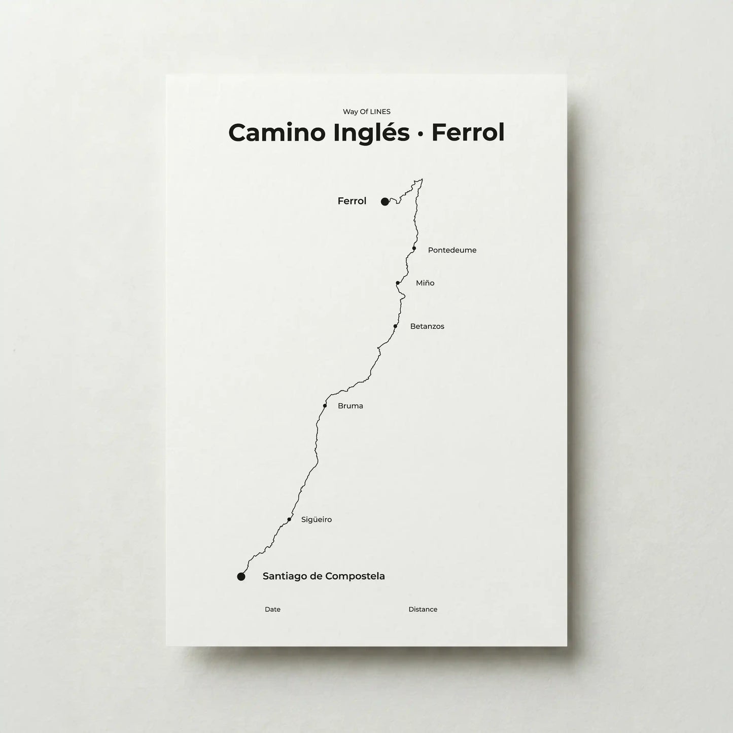  Minimalist Camino Inglés Ferrol to Santiago map poster in quiet black color.