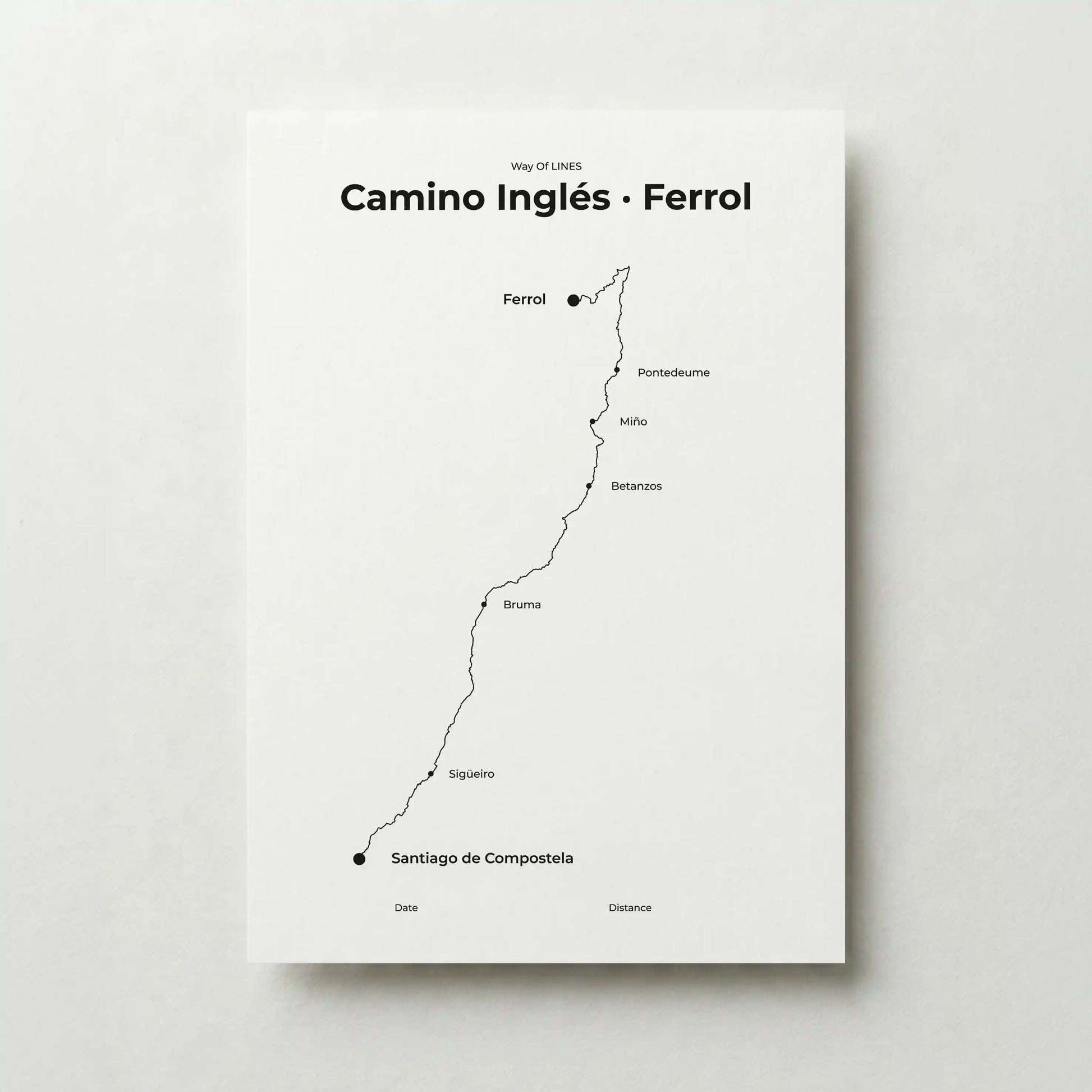  Minimalist Camino Inglés Ferrol to Santiago map poster in quiet black color.