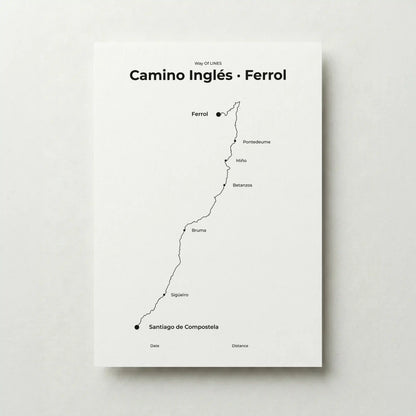  Minimalist Camino Inglés Ferrol to Santiago map poster in quiet black color.