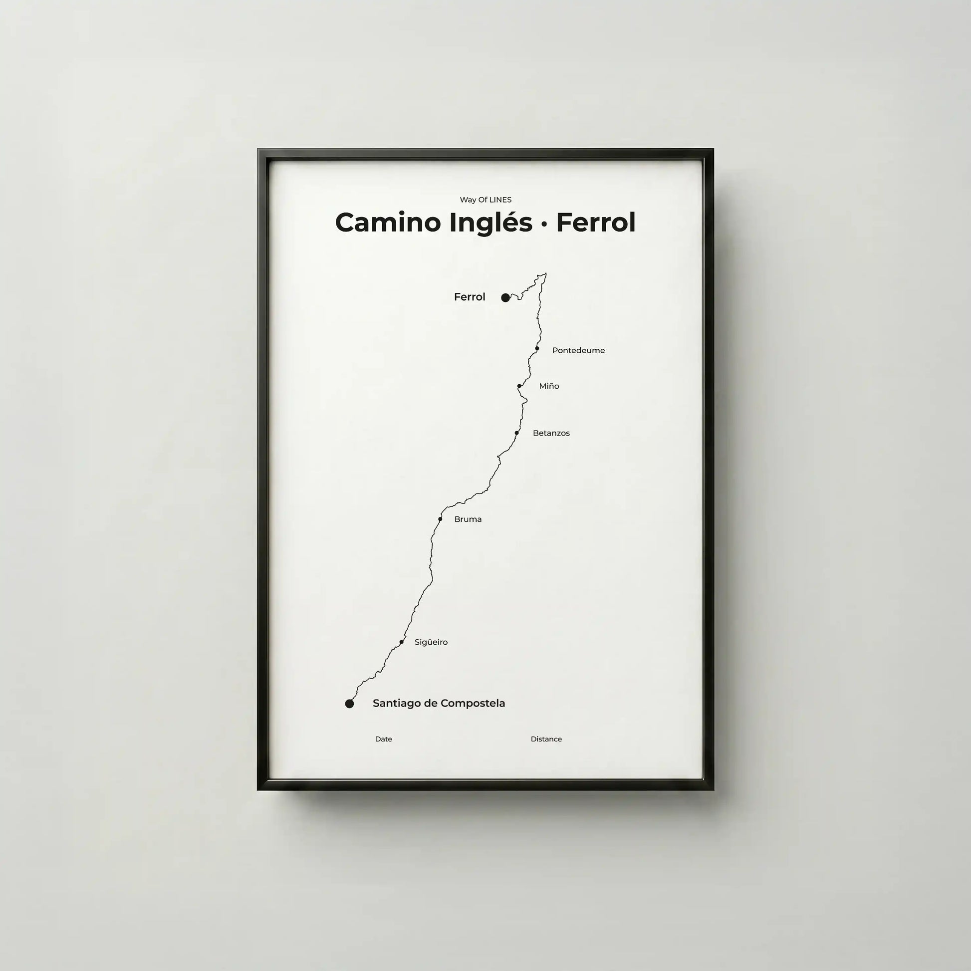Minimalist Camino Inglés Ferrol to Santiago map poster in quiet black color, frame mockup.
