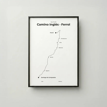 Minimalist Camino Inglés Ferrol to Santiago map poster in quiet black color, frame mockup.
