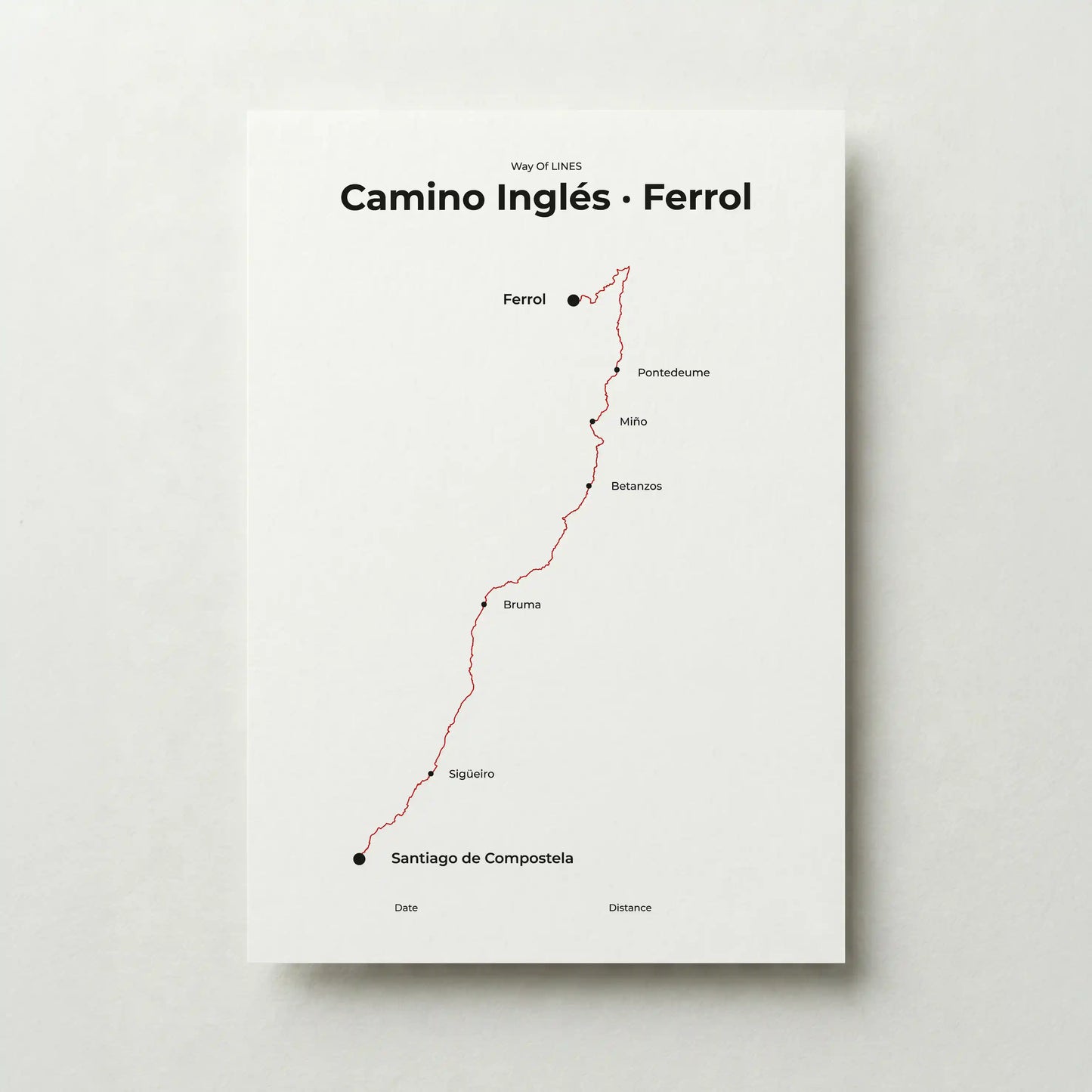 Minimalist Camino Inglés Ferrol to Santiago map poster in red beacon color.
