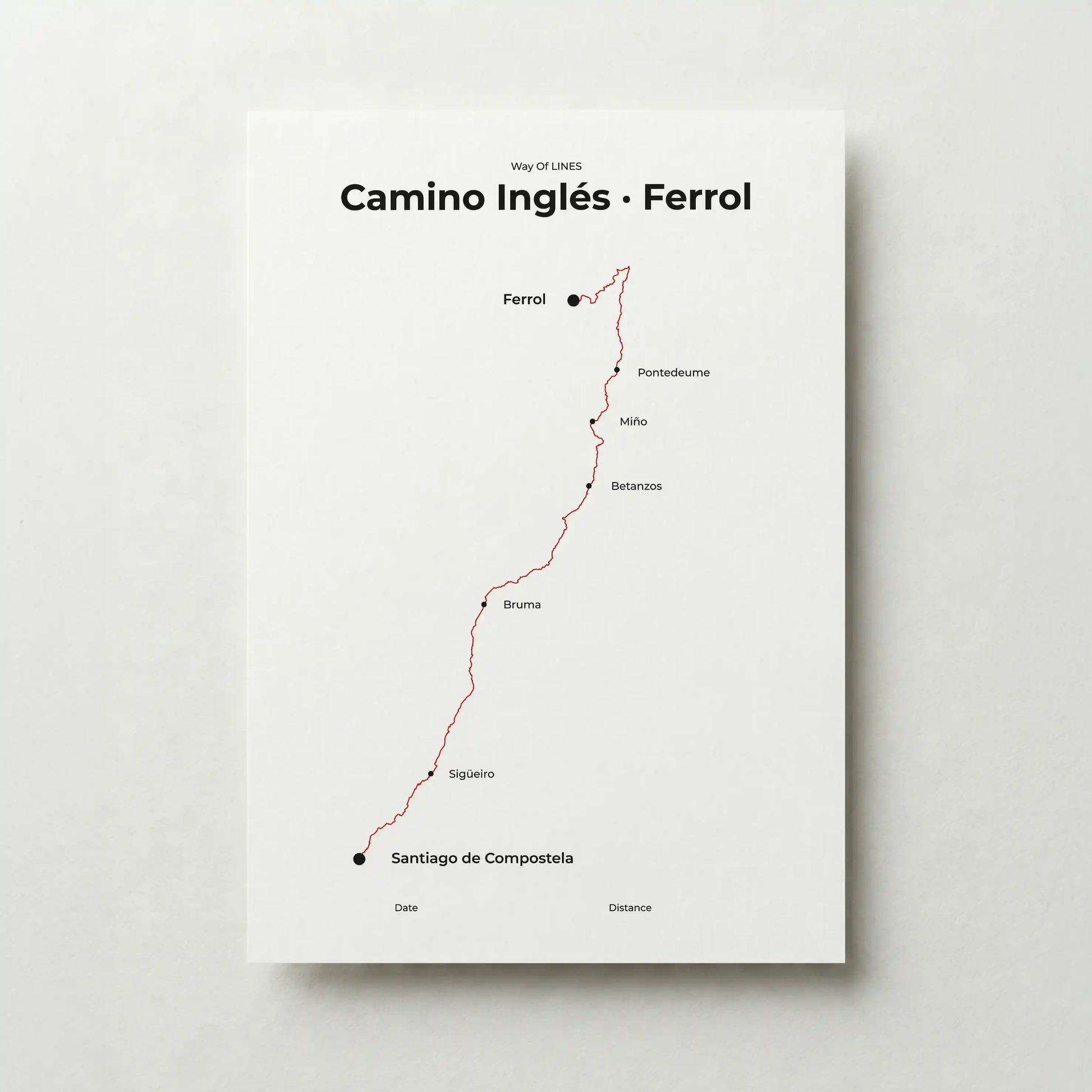 Minimalist Camino Inglés Ferrol to Santiago map poster in red beacon color.
