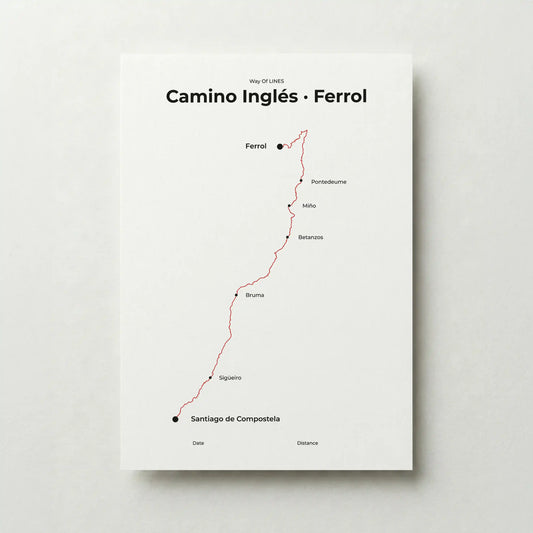 Minimalist Camino Inglés Ferrol to Santiago map poster in red beacon color.
