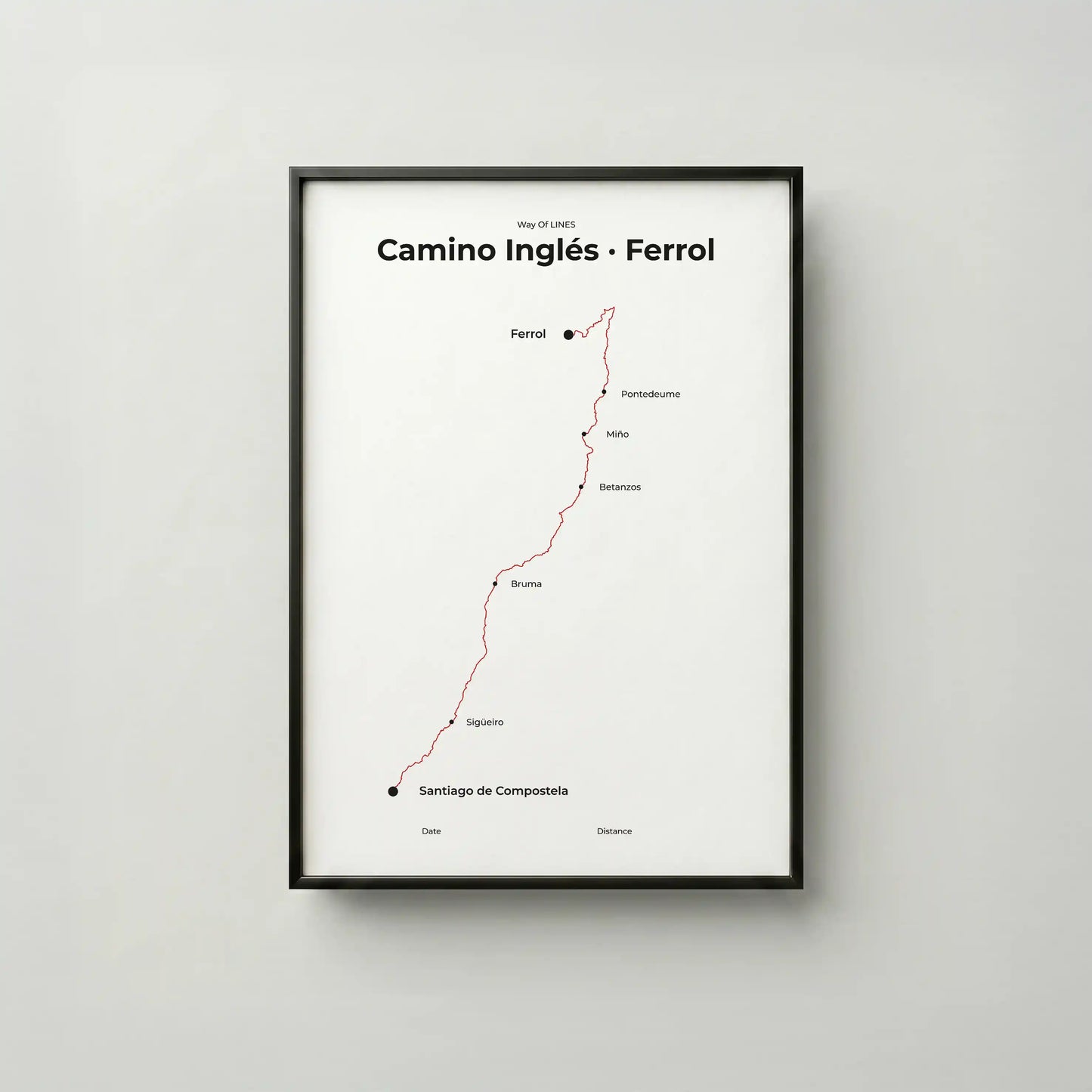 Minimalist Camino Inglés Ferrol to Santiago map poster in red beacon color, frame mockup.
