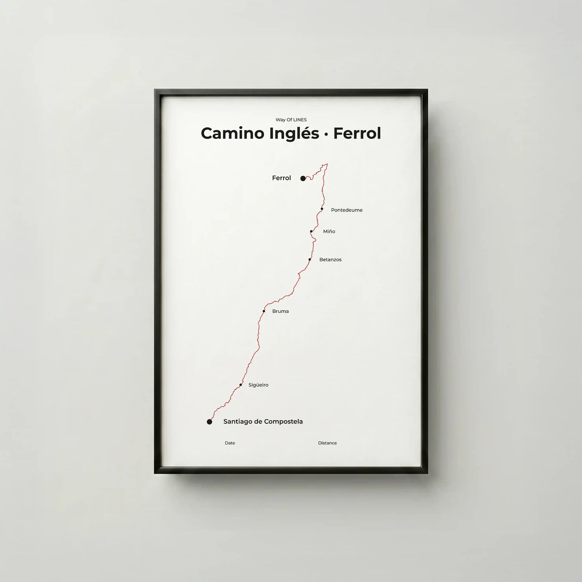 Minimalist Camino Inglés Ferrol to Santiago map poster in red beacon color, frame mockup.

