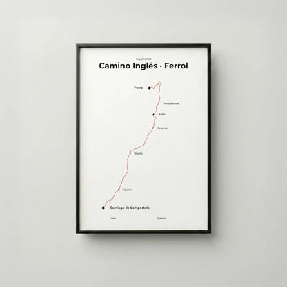 Minimalist Camino Inglés Ferrol to Santiago map poster in red beacon color, frame mockup.
