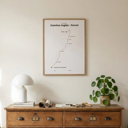 Minimalist Camino Inglés Ferrol to Santiago map poster in red beacon color, interior mockup.
