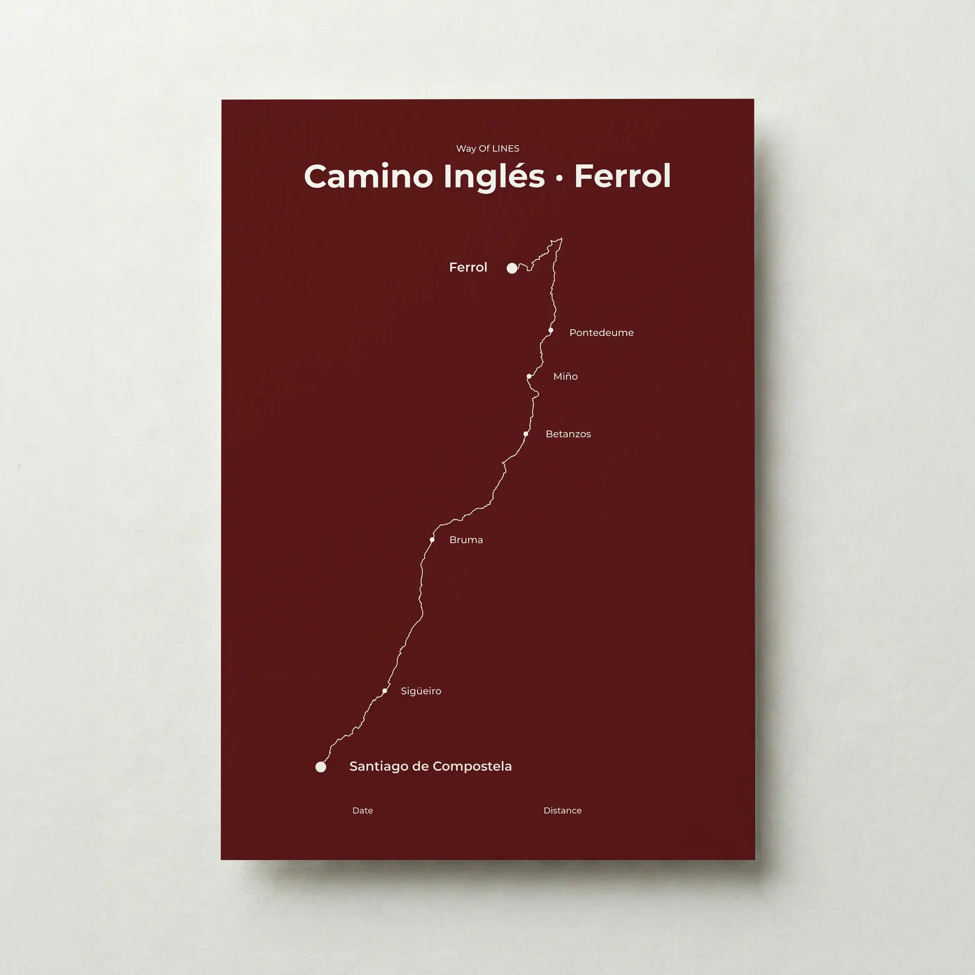  Minimalist Camino Inglés Ferrol to Santiago map poster in reserve red color.
