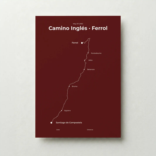  Minimalist Camino Inglés Ferrol to Santiago map poster in reserve red color.
