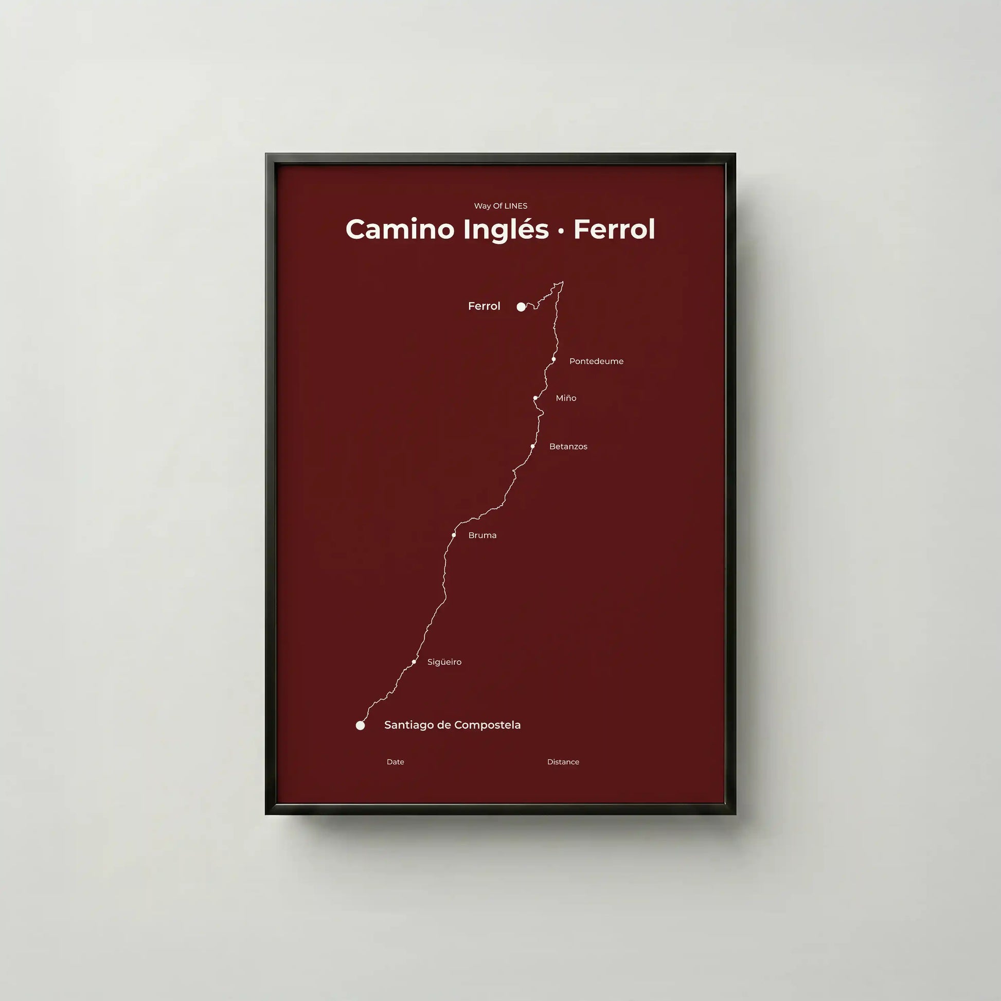 Minimalist Camino Inglés Ferrol to Santiago map poster in reserve red color, frame mockup.