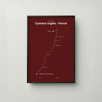 Minimalist Camino Inglés Ferrol to Santiago map poster in reserve red color, frame mockup.