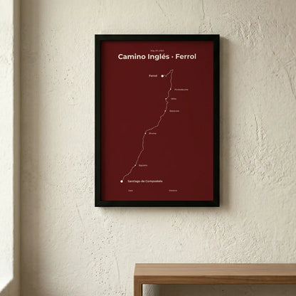  Minimalist Camino Inglés Ferrol to Santiago map poster in reserve red color, interior mockup.

