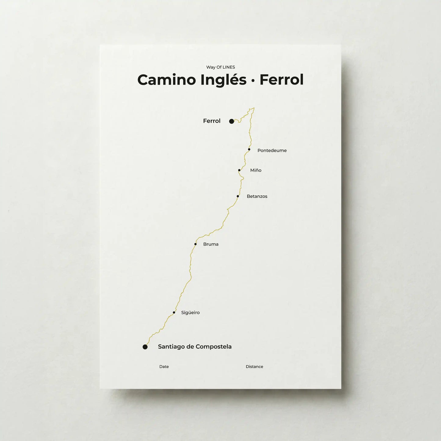 Minimalist Camino Inglés Ferrol to Santiago map poster in sunworn color.
