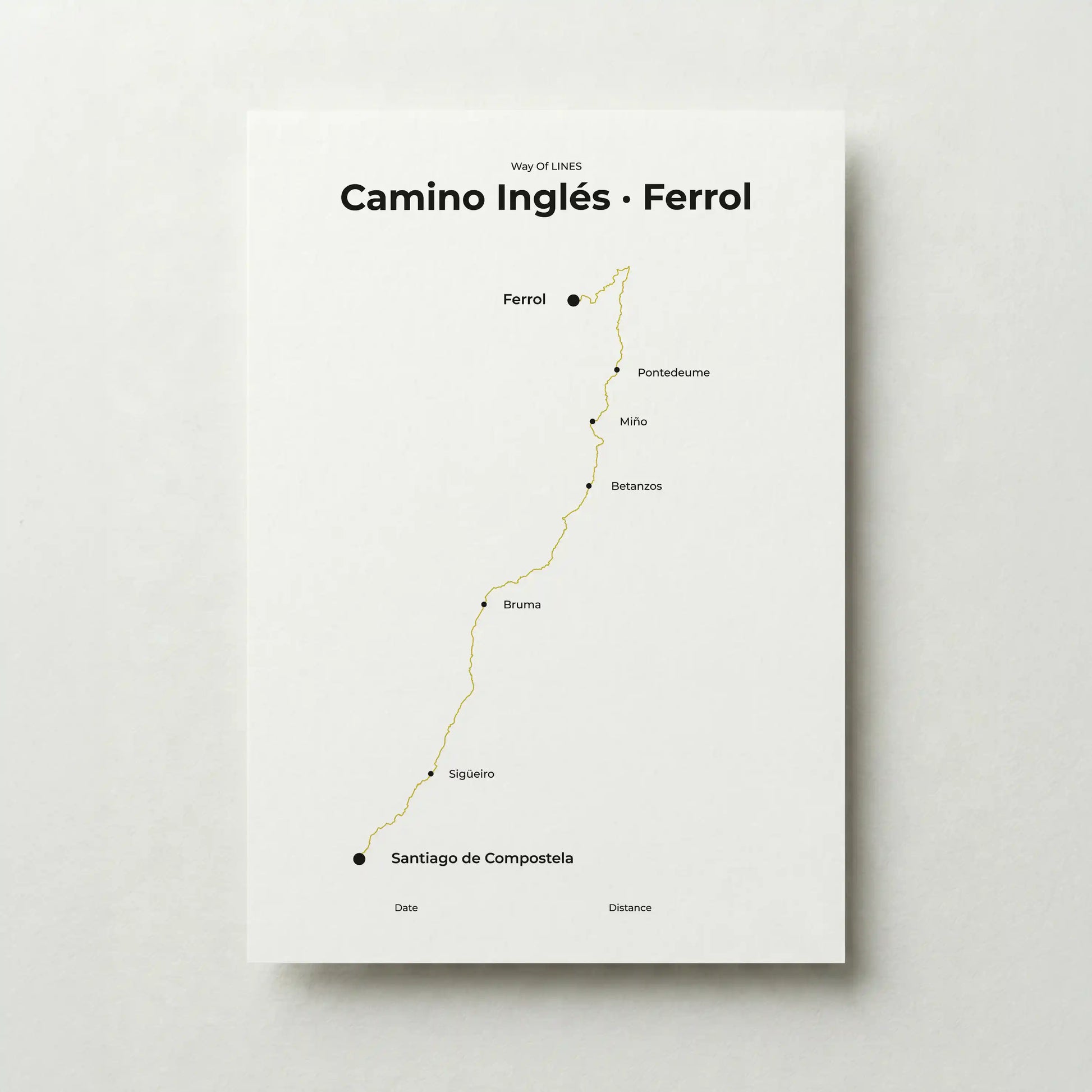 Minimalist Camino Inglés Ferrol to Santiago map poster in sunworn color.