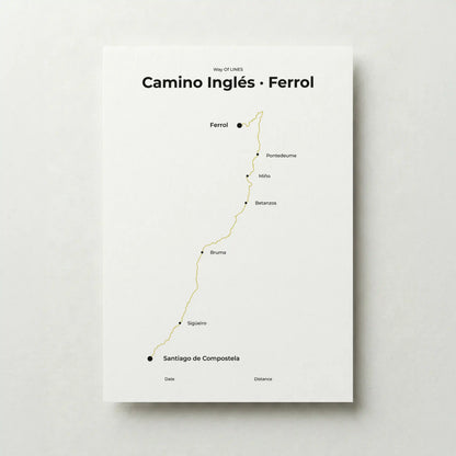 Minimalist Camino Inglés Ferrol to Santiago map poster in sunworn color.