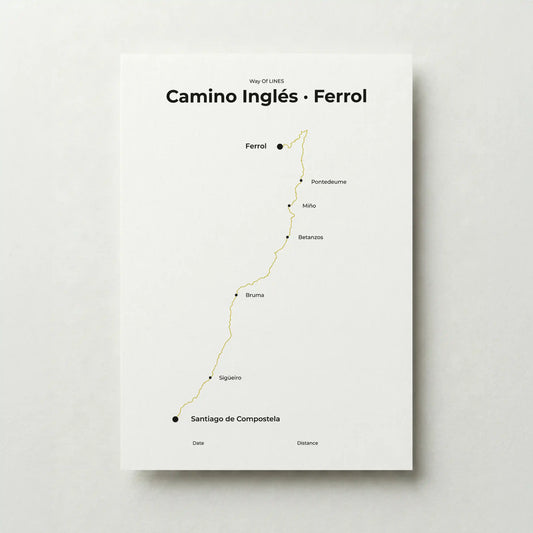 Minimalist Camino Inglés Ferrol to Santiago map poster in sunworn color.