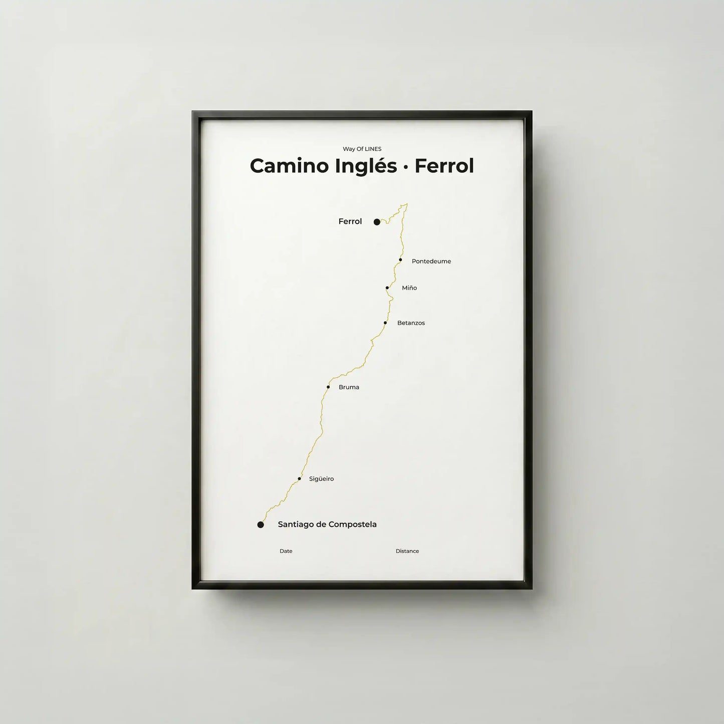 Minimalist Camino Inglés Ferrol to Santiago map poster in sunworn color, frame mockup.
