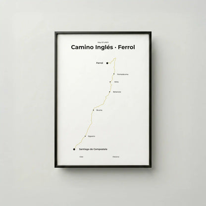 Minimalist Camino Inglés Ferrol to Santiago map poster in sunworn color, frame mockup.