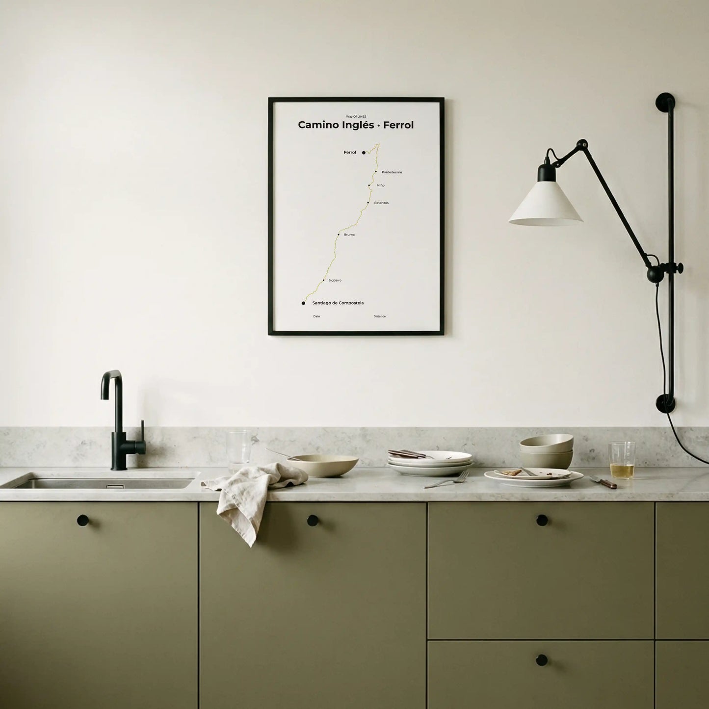 Minimalist Camino Inglés Ferrol to Santiago map poster in sunworn color, interior mockup.