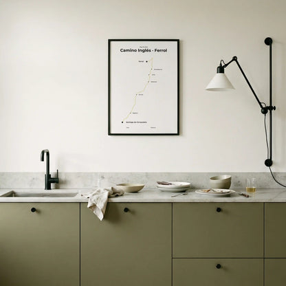 Minimalist Camino Inglés Ferrol to Santiago map poster in sunworn color, interior mockup.