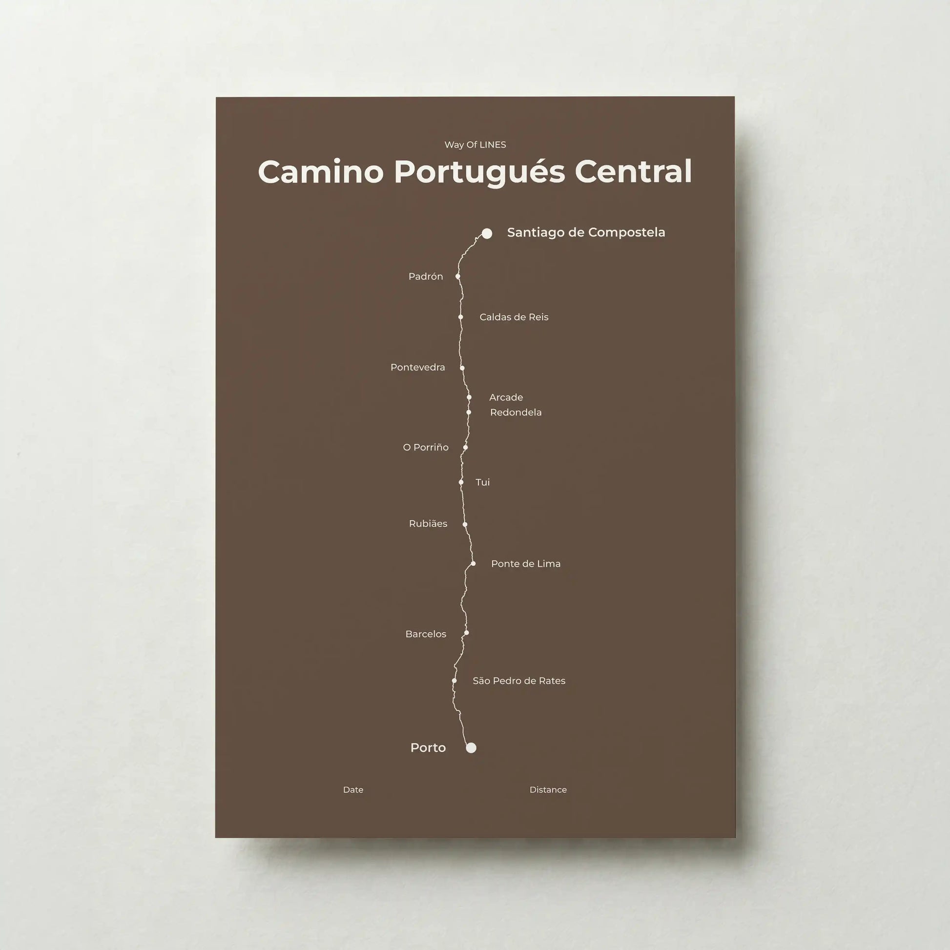 Minimalist Camino Portugués Central map poster in ashen clay color.