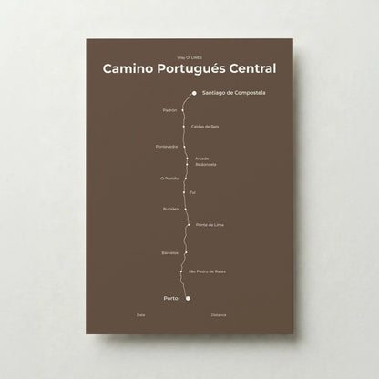 Minimalist Camino Portugués Central map poster in ashen clay color.