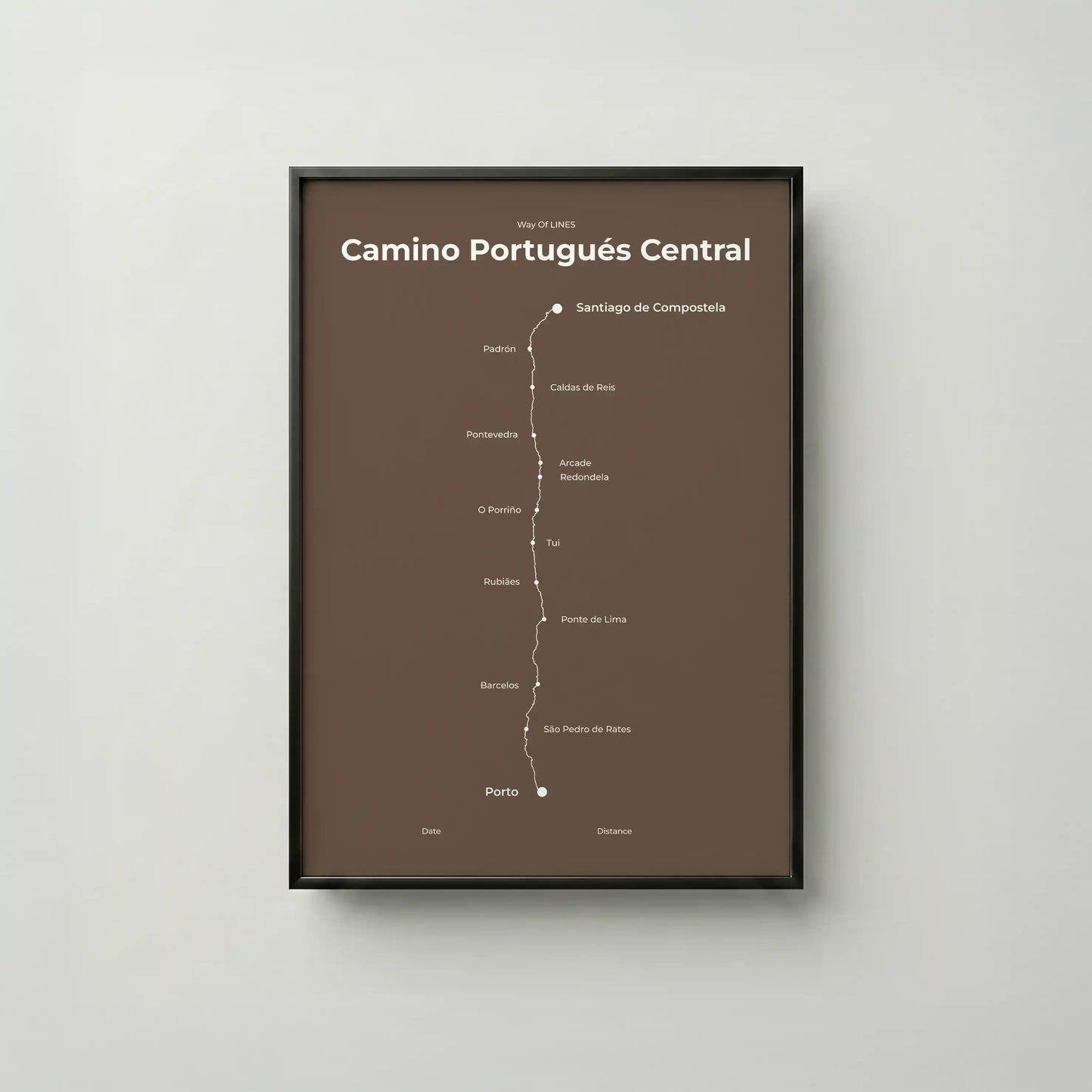 Minimalist Camino Portugués Central map poster in ashen clay color, frame mockup.