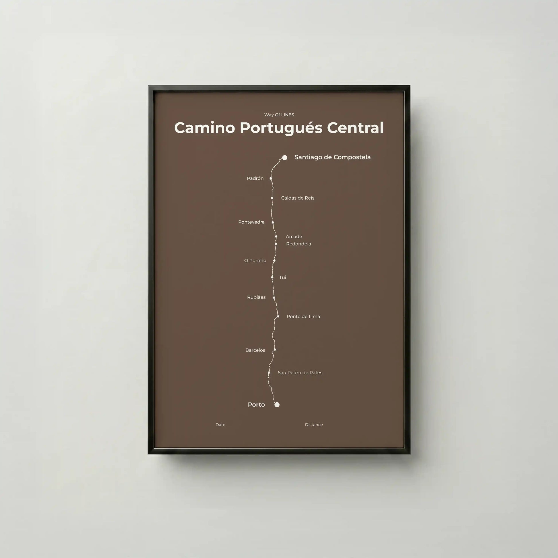 Minimalist Camino Portugués Central map poster in ashen clay color, frame mockup.