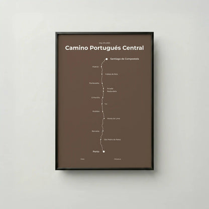 Minimalist Camino Portugués Central map poster in ashen clay color, frame mockup.