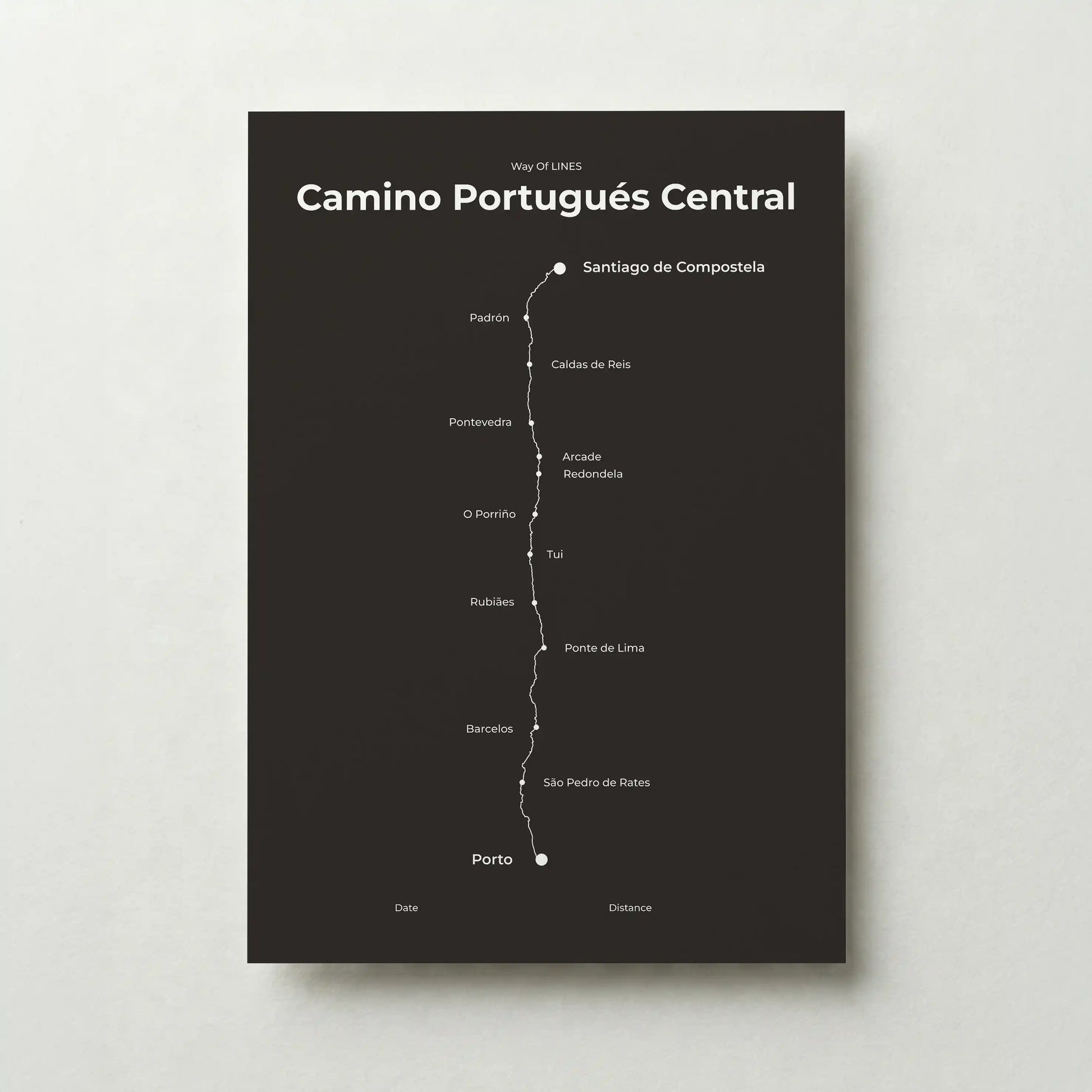 Minimalist Camino Portugués Central map poster in deep bark color.