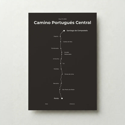 Minimalist Camino Portugués Central map poster in deep bark color.